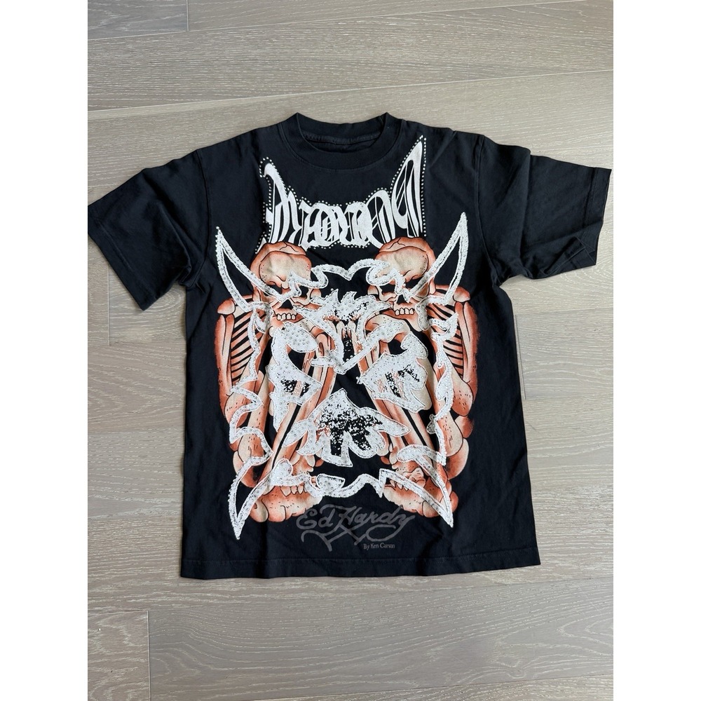 SMALL KEN CARSON COMPLEXCON ED HARDY HARDCORE MENS RHINESTONE SS TEE ✅❤️ NEW